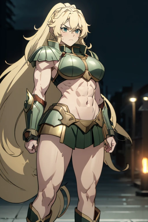 ((1 girl)), extremely long hair, solo, ((muscular)), veins, blonde hair, green eyes, blushing, thick thighs, pale skin, strong, veins, abs, big thighs, huge breasts, navel, standing, angry, blushing, tight bikini armor