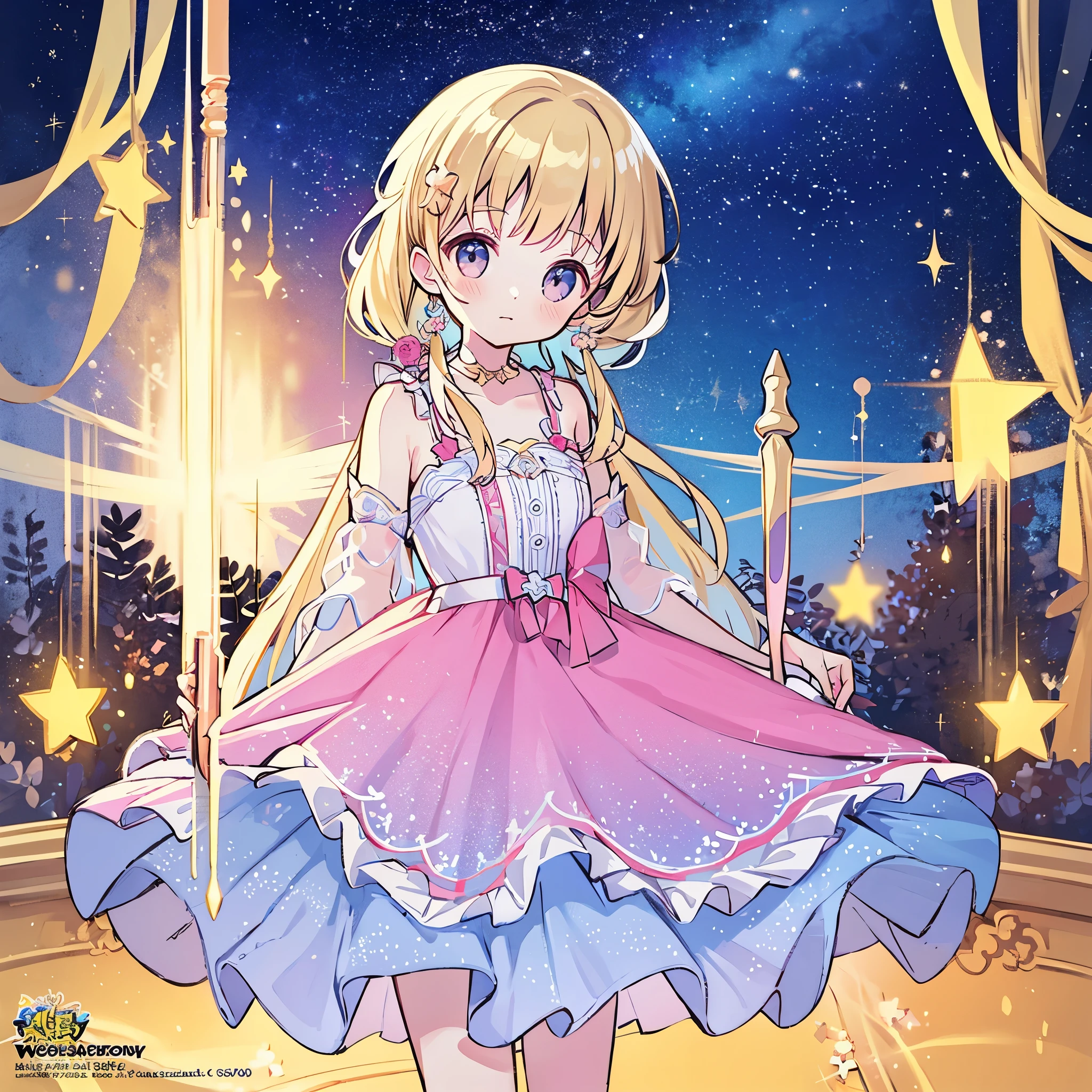 complex background, wishing star background, a woman wearing an ethereal mystical pink translucent dress that reflects the stars, perfume promo art, mystic, complex drawing, highly detailed, Covergirl brand, promo art, artistic rendition, ethereal, starry night, midjourney style
