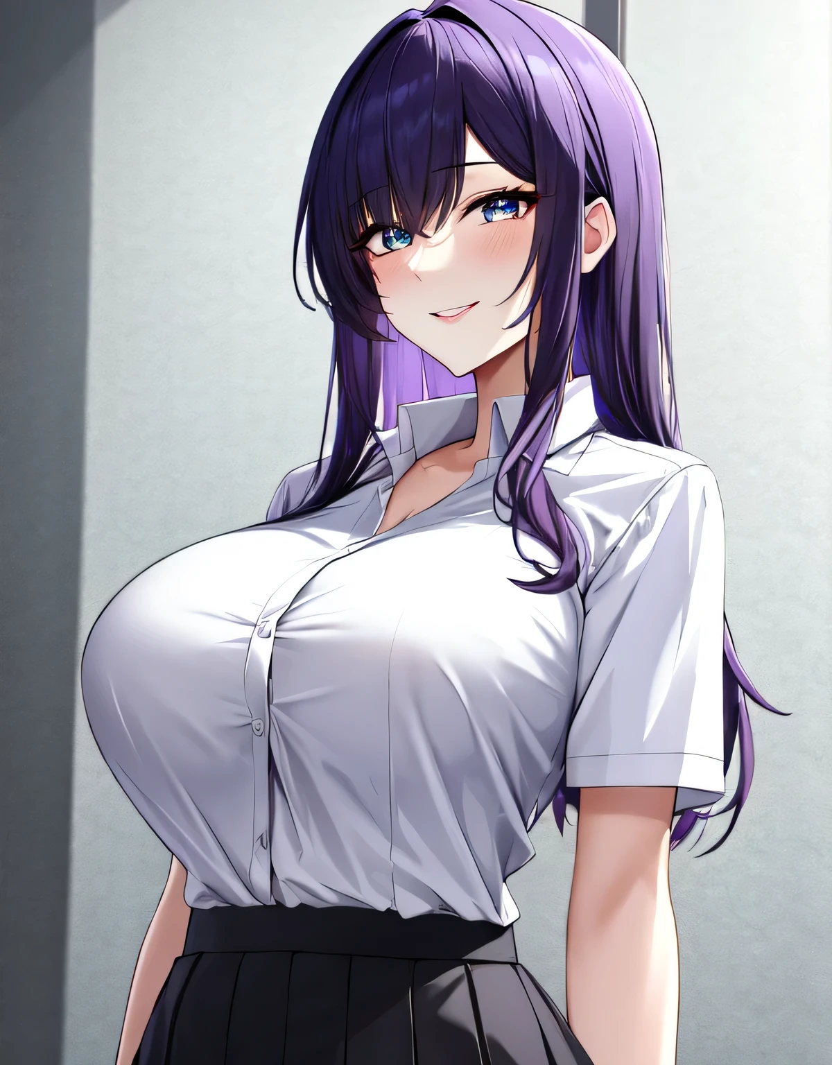 (large breasts:1.5),shiny,hair,((solo)),((masterpiece)),((best quality)),perfect anatomy,slim waist,perfect image,8k UHD,(beautiful detailed eyes:1.5),extremely detailed face,standing,(upper body:1.1),(look at the front:1.1),arms behindback,ultra-detailed,absurdres,highres,(shiny hair),classroom,Purple hair,bangs,teacher,semi-long hair,((sensitive smile)),white shirt,skirt,