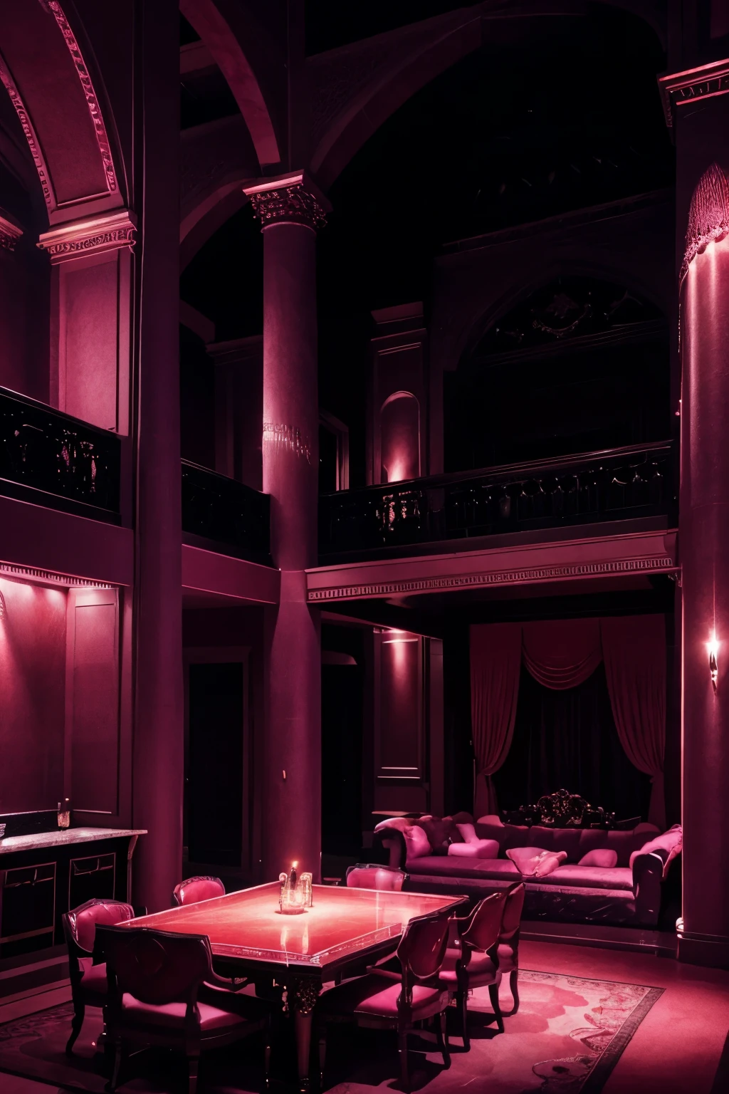 A cavernous expensive luxury brothel with a bar, extravagant furniture, stripper stages, several large beds with pink silk bedding, a high ceiling, an atrium, a strawberry Jello pit, and mood lighting.