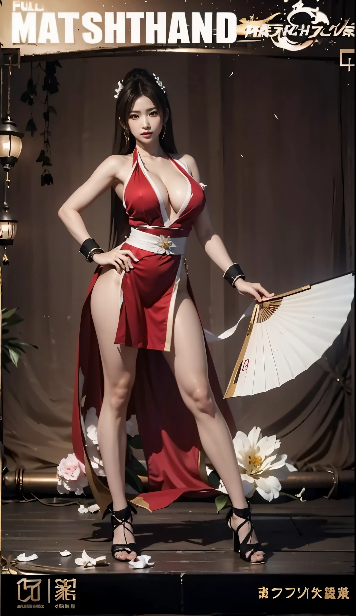 (((full body portrait，big breasts，perfect hands，Finger details)))Mai Shiranui，Wearing a tight-fitting battle suit，open folding fan，Distinctive features；The picture combines modern and Japanese traditional art styles，Demonstrate mystery and power；Stunning visual effects，Contrasting colors，Mainly red and black，Passion and coldness intertwined；The picture is extremely sharp，The details are meticulous，High-quality；Clever light handling，Create a dramatic atmosphere；Master of brushstrokes，Impeccable professionalism，An unforgettable work of art。