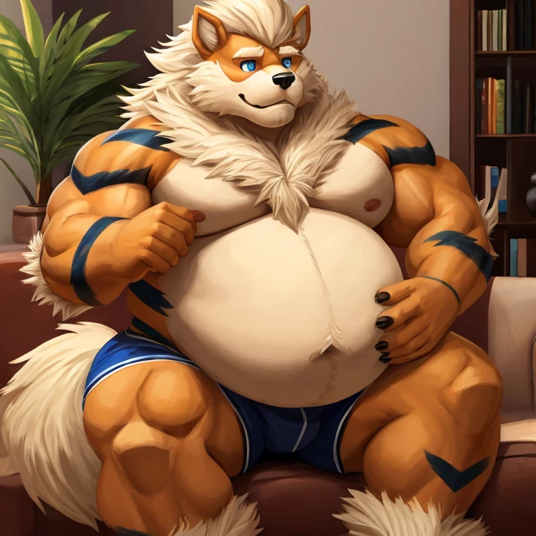 Solo, male, obese, very thick and muscular Arcanine flexing，Arcanine, overweight, massive body, fat , bere feet, black claws, beige ?????? hair, round,very big belly, chubby, obese belly, fatgut, musclegut, muscular, mature male, shy, cream fur, blue eyes, cream hair, cream body hair, cream belly hair, short shorts, living room, plants, best quality, detailed hands, five fingers, full body, hands lifting belly，muscle