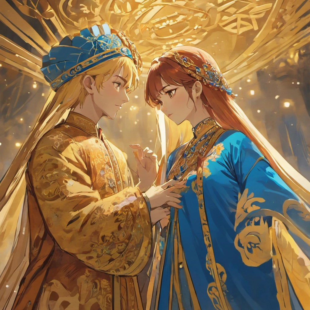 An intimate encounter between a man and a woman unfolds in a heartwarming and enchanting scene.。The stage is、steppe of central asia。The banks of the great river sparkling in the sunlight。Fantastic and majestic continental scenery。Creates a romantic atmosphere。 They stand facing each other,。their heights are different from each other。 emphasizes their unique physical characteristics。 That man is his height,Has dark hair that frames his striking face。The man is the crown prince of the Turku nomadic empire in the steppes.。The man was wearing an ultramarine costume.、It is decorated with intricate golden embroidery.。A woman is a commoner in the Turfan Oasis in the Taklamakan Desert, wearing Uighur national dress.。The woman is delicate and .。Show off your radiant beauty with flowing, brightly colored hair. Their lips meet in a passionate kiss。 their pure love、Emphasis is placed on transcending class and culture.。 This magical moment captures the essence of their love,。evokes a feeling of sweetness and enchantment。symbolism、Impressionism、romantic、Persian miniature、Reminiscent of the style of Alma Tadema and Gustave Moreau、delicate、beautiful、It has an exotic, luxurious and profound charm.。