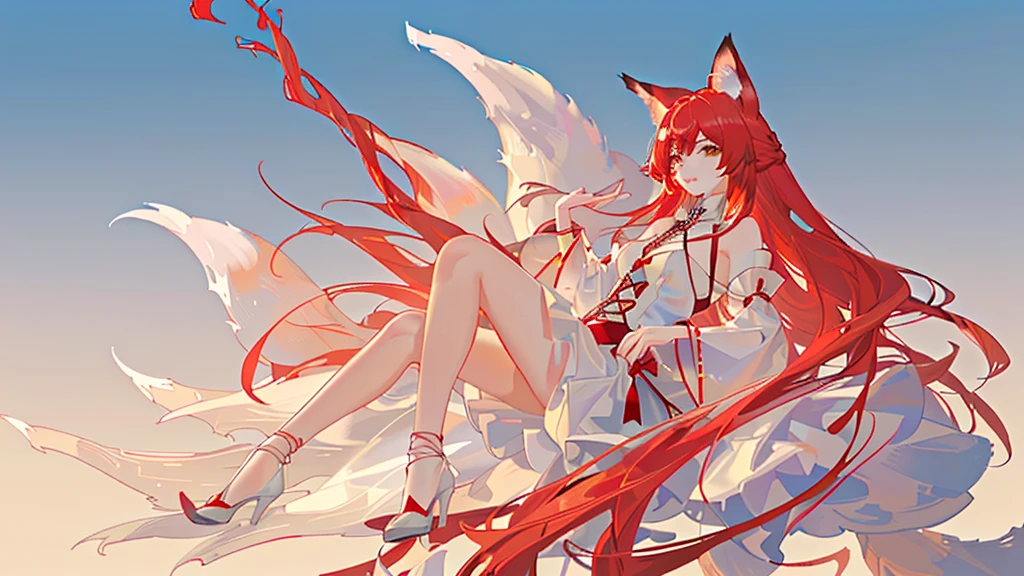 girl with red long hair, red and white royal clothes, fox ears, nine tails, fox, white fox, sky