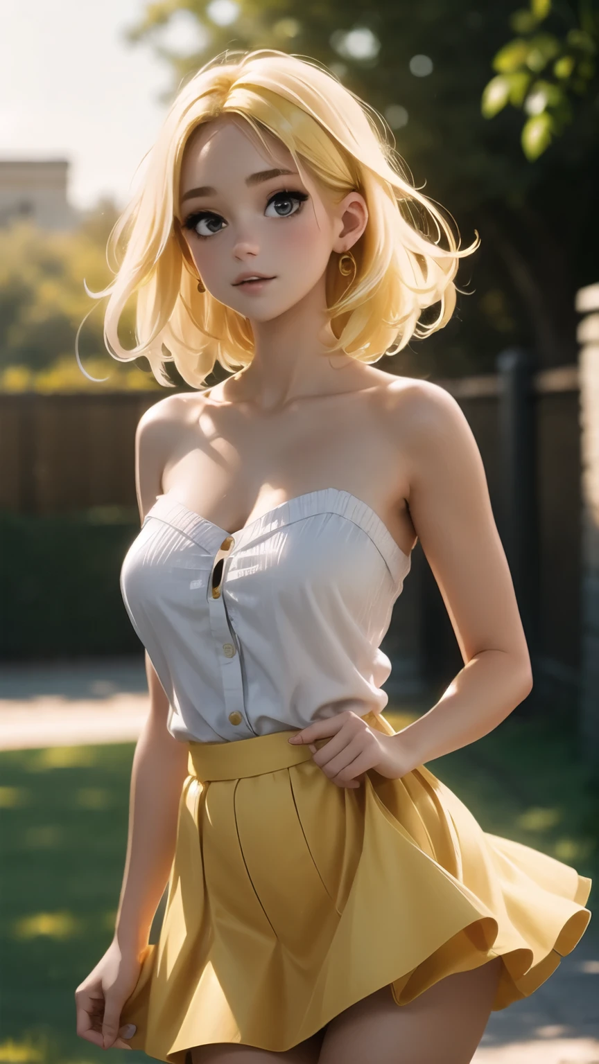 1girl, naked girl, full body, eye contact, bokeh background, yellow hair, red skirt, lifted skirt, showing pussy.
 