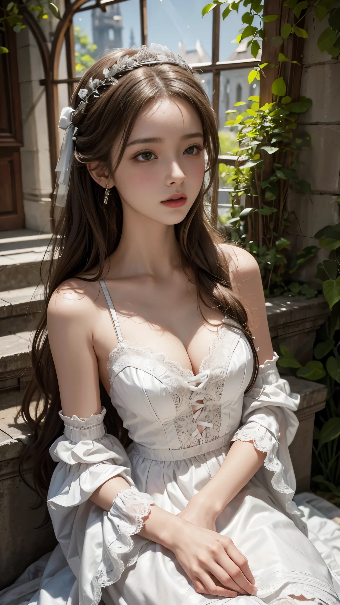 （8K， RAW photos， best qualtiy， tmasterpiece：1.2），（realisticlying， photograph realistic：1.4)
Lolita costume，Lace， Aerith Gainsborough， The upper part of the body， undergarments，exposed bare shoulders， do lado de fora， Old castle， high high quality， Adobe Lightroom， highdetailskin， looking at viewert，