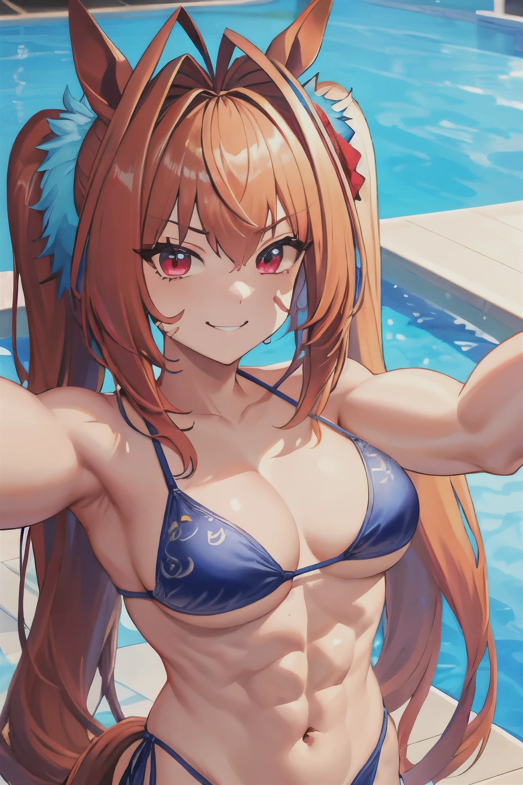 {daiwa scarlet\(umamusume\)}, ((((ultra-detailed face)))), beautiful face, symmetrical face, ((masterpiece)), best quality, bikini, selfie, horse tail, light smile, (muscular), (abs:0.9), (large tits:0.6), pool, front