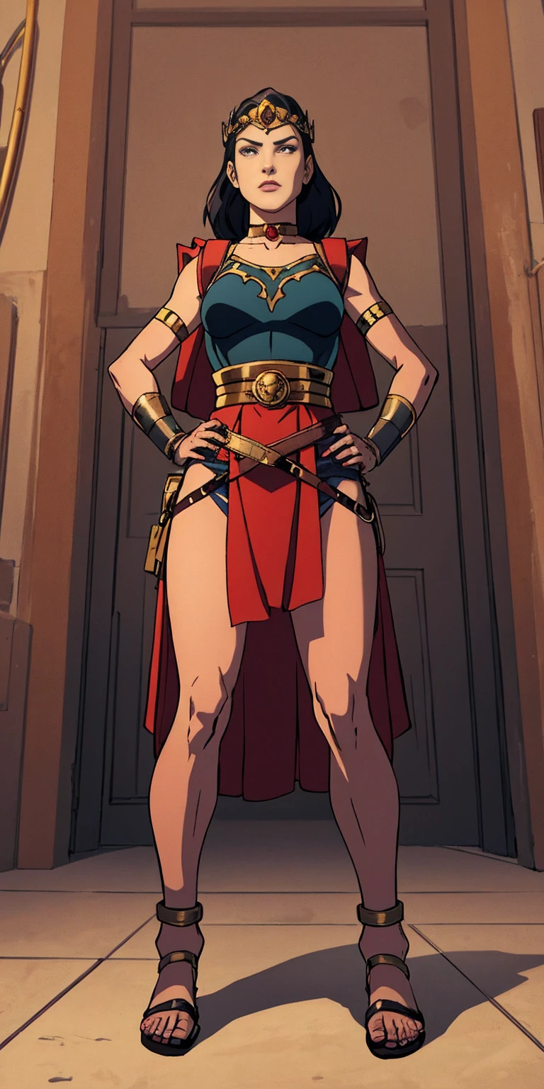 full body, whole body. 1solo (girl). slave fighter, loincloth standing, hands on hips full body, whole body. 1solo (girl). slave fighter, loincloth standing, hands on hips, metal sandals, backpack, choker, big belt, view from below, feet together, bracers, tiara