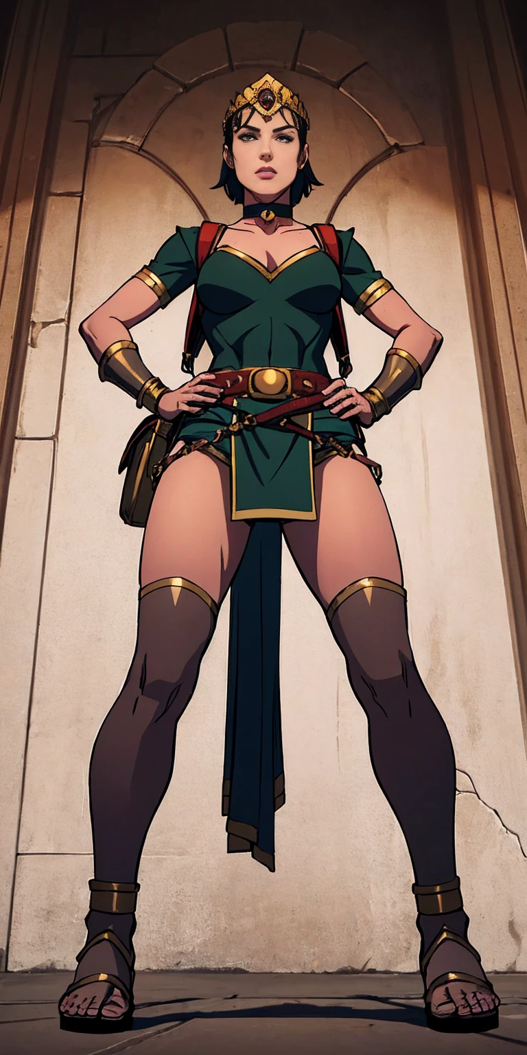 full body, whole body. 1solo (girl). slave fighter, loincloth standing, hands on hips full body, whole body. 1solo (girl). slave fighter, loincloth standing, hands on hips, metal sandals, backpack, choker, big belt, view from below, feet together, bracers, tiara