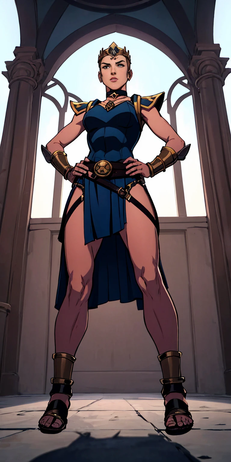 full body, whole body. 1solo (girl). slave fighter, loincloth standing, hands on hips full body, whole body. 1solo (girl). slave fighter, loincloth standing, hands on hips, metal sandals, backpack, choker, big belt, view from below, feet together, bracers, tiara