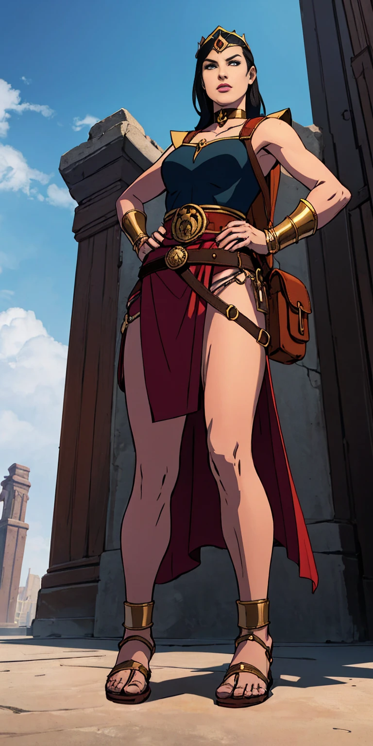 full body, whole body. 1solo (girl). slave fighter, loincloth standing, hands on hips full body, whole body. 1solo (girl). slave fighter, loincloth standing, hands on hips, metal sandals, backpack, choker, big belt, view from below, feet together, bracers, tiara