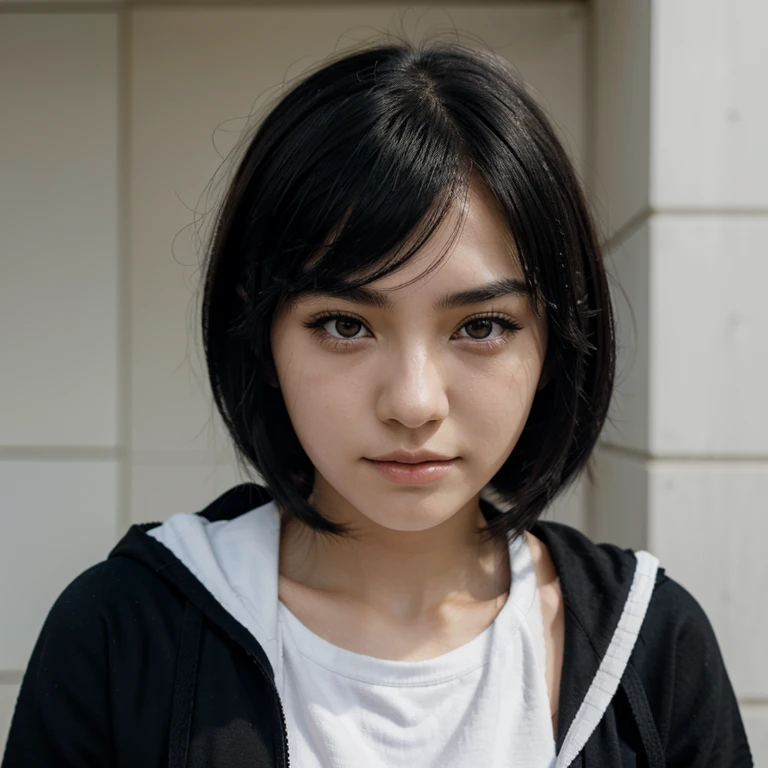 An anime girl with black hair and white skin, a serious face, a small smile, a dark eyeliner line, wearing school clothes