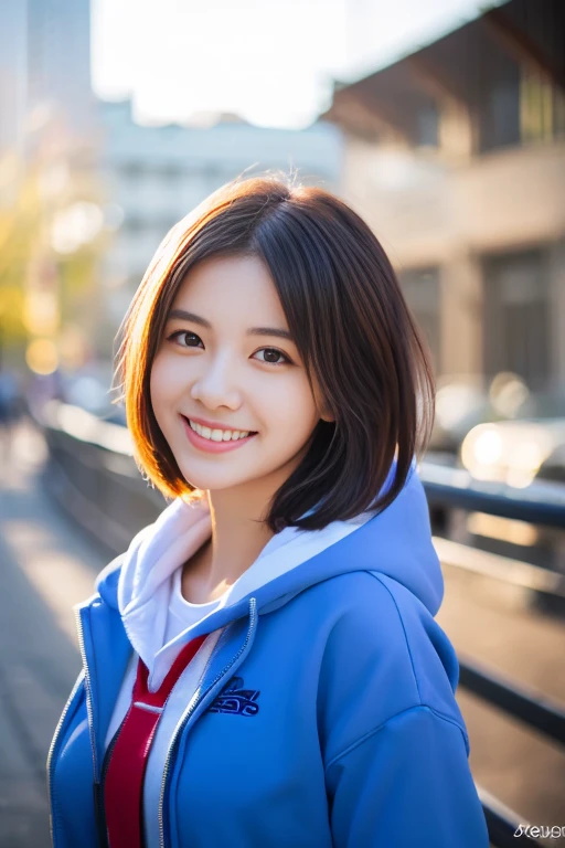 (8k RAW photo,best quality, masterpiece:1.2), (realistic,photo-realistic:1.37),omertosa,1girl,city,professional lighting,photo mapping,radiosity,physically-based rendering,blue backlight bokeh,smile,mature,head portrait,sunlight,blone,short jacket,school uniform,hoodie,short hair,floating hair, 