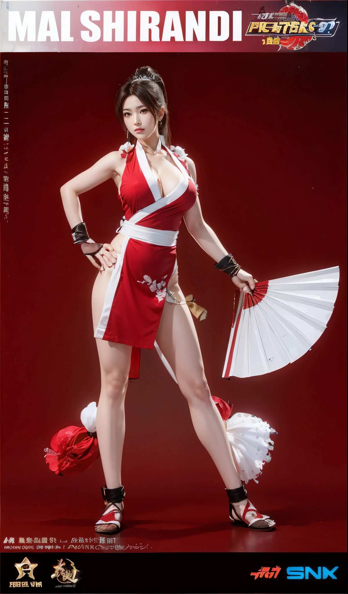 (((full body portrait，big breasts，perfect hands，Finger details)))Mai Shiranui，Wearing a tight-fitting battle suit，open folding fan，Distinctive features；The picture combines modern and Japanese traditional art styles，Demonstrate mystery and power；Stunning visual effects，Contrasting colors，Mainly red and black，Passion and coldness intertwined；The picture is extremely sharp，The details are meticulous，High-quality；Clever light handling，Create a dramatic atmosphere；Master of brushstrokes，Impeccable professionalism，An unforgettable work of art。