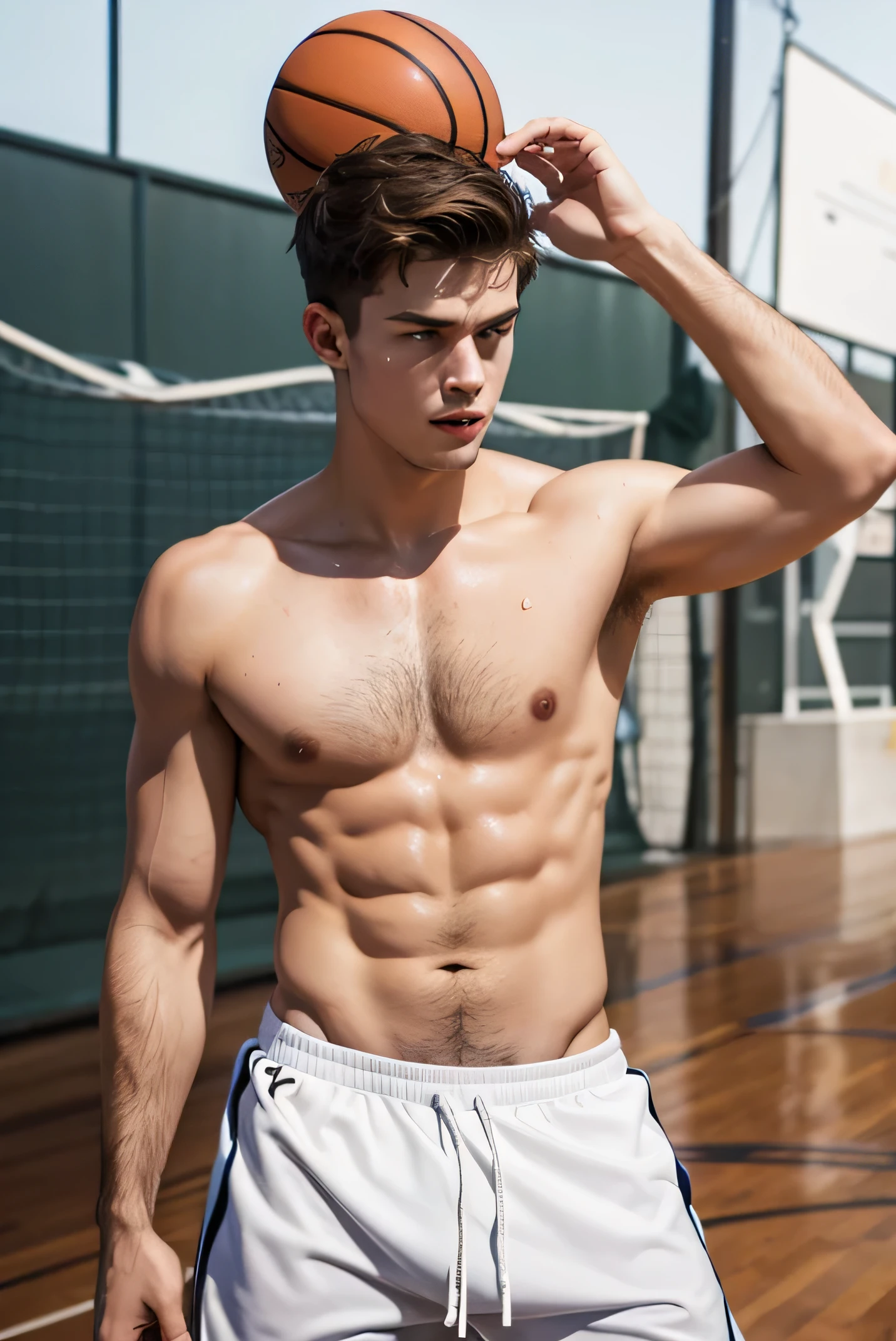 shirtless 21-year old short brown hair caucasian male sweating wearing basketball shorts