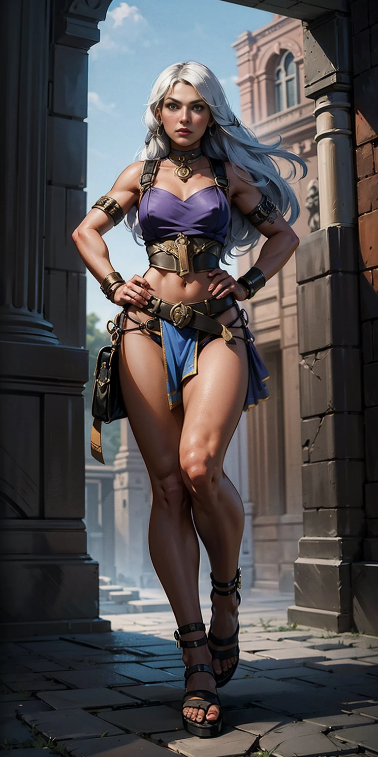 full body, whole body. 1solo (girl). slave fighter, loincloth standing, hands on hips full body, whole body. 1solo (girl). slave fighter, loincloth standing, hands on hips, metal sandals, backpack, choker, big belt, view from below, feet together, bracers, tiara