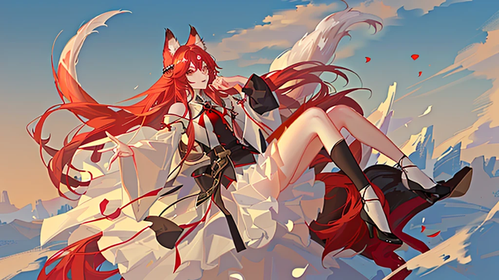 girl with red long hair, red and white royal clothes, fox ears, nine tails, fox, white fox, sky, anime face