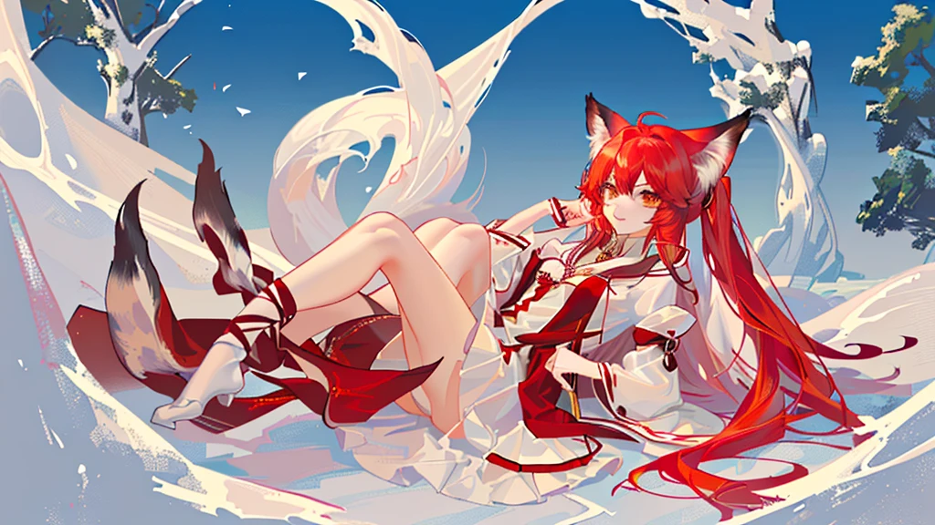 girl with red long hair, red and white royal clothes, fox ears, nine tails, fox, white fox, sky, anime face