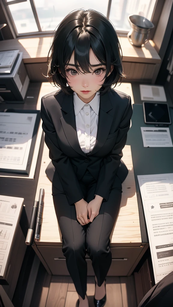 ((Highly detailed CG unit 8k wallpaper, masterpiece, High resolution, highest quality, highest qualityのリアルテクスチャスキン)), ((woman sitting at desk:1.3, upward glance, short hair, Nana Komatsu, black pants suit:1.2, White shirt with bare chest:1.3, Wearing a black suit jacket:1.3, high heels)), (((inside the office))), (Angle from above:1.3, Fisheye Shot:1.5), hyper realistic, digital painting, concept art,