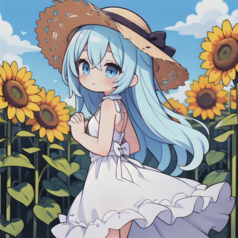 girl, long eyelashes,white dress,light blue long hair, Big eyes, light blue eyes, straw hat, Sunflower Center, Posing to turn around with hands behind your back, 