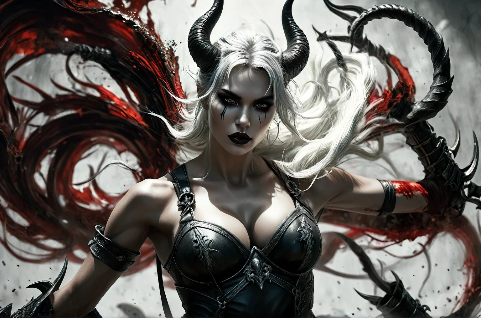 (((skulls on the ground))), (((Make a blood sacrifice))), (carnage:1.5),(black and white demoness:1.5),(beautiful female model:1.5), (demoness with Large horns:1.25),(1 super muscular with flayed skin:1.5),  (perfect anatomy:1.5), high detail, best quality, masterpiece, finely detail, realistic skin texture, insanely detailed, intricate, glowing white eyes, dark hair, glowing white background, holding whip, hair bun, beautiful female face, white skin. black and white demoness:1.5, Hyperrealism, breathtaking, ultra realistic, ultra detailed,85 mm art lens, f 1.2, sharp focus, 8 k high definition, wide-angle, ultra details, ultra detailed photo of a black and white demoness, Hyperrealism, breathtaking, ultra realistic, ultra detailed, cinematic lighting,  photography, stunning environment, wide-angle, , medieval, Dark room, low key light, Masterpiece, Realistic, 
