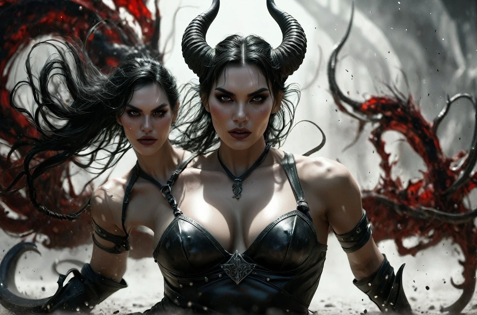 (((skulls on the ground))), (((Make a blood sacrifice))), (carnage:1.5),(black and white demoness:1.5),(beautiful female model:1.5), (demoness with Large horns:1.25),(1 super muscular with flayed skin:1.5),  (perfect anatomy:1.5), high detail, best quality, masterpiece, finely detail, realistic skin texture, insanely detailed, intricate, glowing white eyes, dark hair, glowing white background, holding whip, hair bun, beautiful female face, white skin. black and white demoness:1.5, Hyperrealism, breathtaking, ultra realistic, ultra detailed,85 mm art lens, f 1.2, sharp focus, 8 k high definition, wide-angle, ultra details, ultra detailed photo of a black and white demoness, Hyperrealism, breathtaking, ultra realistic, ultra detailed, cinematic lighting,  photography, stunning environment, wide-angle, , medieval, Dark room, low key light, Masterpiece, Realistic, 
