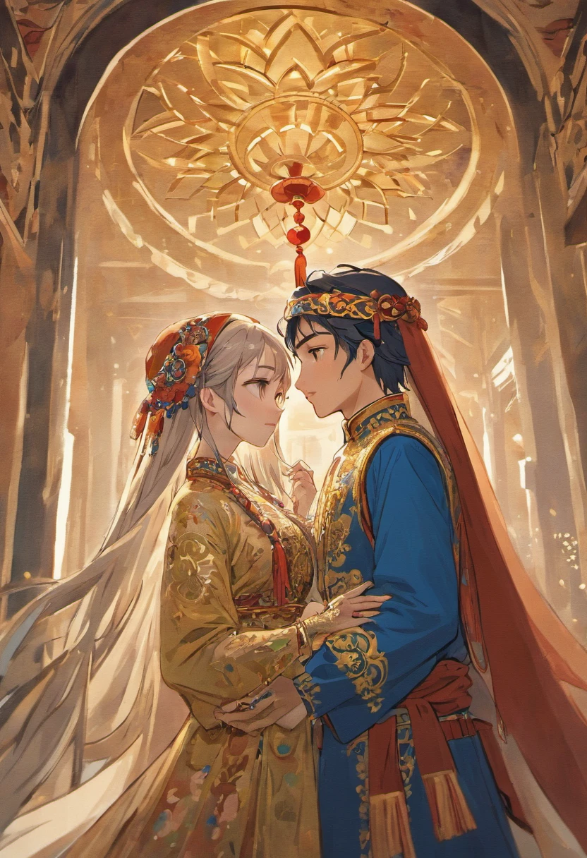 An intimate encounter between a man and a woman unfolds in a heartwarming and enchanting scene.。The stage is、steppe of central asia。The banks of the great river sparkling in the sunlight。Fantastic and majestic continental scenery。Creates a romantic atmosphere。 They stand facing each other,。their heights are different from each other。 emphasizes their unique physical characteristics。 That man is his height,Has dark hair that frames his striking face。The man is the crown prince of the Turku nomadic empire in the steppes.。The man was wearing an ultramarine costume.、It is decorated with intricate golden embroidery.。A woman is a commoner in the Turfan Oasis in the Taklamakan Desert, wearing Uighur national dress.。The woman is delicate and .。Show off your radiant beauty with flowing, brightly colored hair. Their lips meet in a passionate kiss。 their pure love、Emphasis is placed on transcending class and culture.。 This magical moment captures the essence of their love,。evokes a feeling of sweetness and enchantment。symbolism、Impressionism、romantic、Persian miniature、Reminiscent of the style of Alma Tadema and Gustave Moreau、delicate、beautiful、It has an exotic, luxurious and profound charm.。