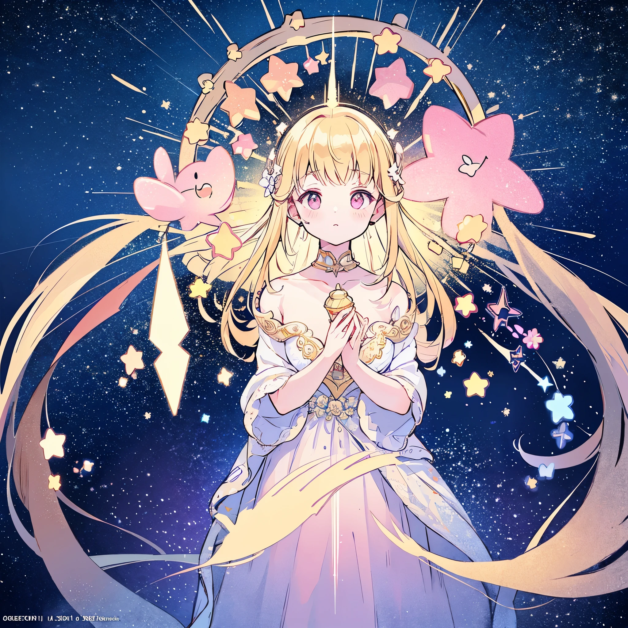 complex background, wishing star background, a woman wearing an ethereal mystical pink translucent dress that reflects the stars, perfume promo art, mystic, complex drawing, highly detailed, Covergirl brand, promo art, artistic rendition, ethereal, starry night, midjourney style