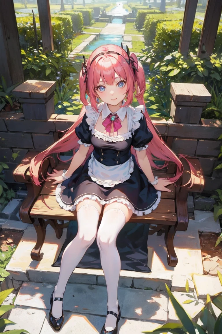 masterpiece,best qualtiy,Fine beautiful eye,ph_REM,1girll,Pink hair,solo,eBlue eyes,x hair accessories,legs ornaments,Bow knot,long socks,lacepantyhose,ta heels,Lolihoes,Maid uniform,full bodyesbian,Two hands,Two legs,Photo art,maidennurse,Skysky,rays of sunshine,the trees,wave,hair adornments,Bow knot,Neck ornaments,legs ornaments,Footwear,stocklings,long socks