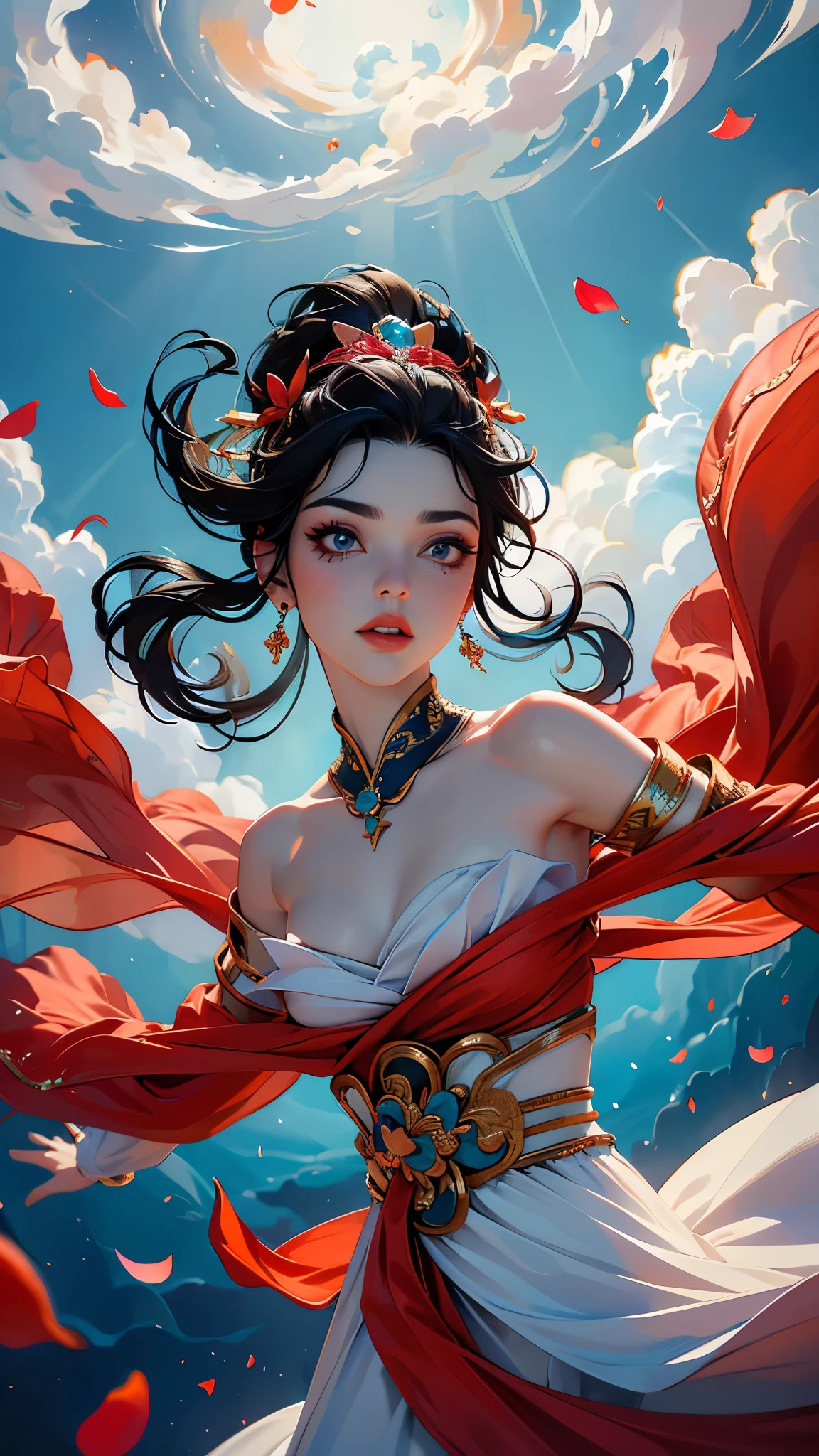 (La mejor calidad,A high resolution,Ultra - detallado,actual),xuer Fairy in Clouds,Clouds,Fog,smoke,(full body:1.1),Fly,(float,fall:1.4),Dynamic Angle,Perspective,
medium breasts,(Scattered petal:1.3),exposed collarbone,exposed shoulders,exposed abdomen,colorful costumes,Cyan red ribbon,(Detalles de la cara: 1.5, ojos azules brillantes, hermoso rostro, ojos bonitos, Contorno del iris, labios delgados: 1.5, Thin, sharp pale eyebrows, Long, dark eyelashes, double tabs),(manos perfectas: 1.4) ,( perfect anatomy) More detailed 8K.motor irreal:1.4,UHD,La mejor calidad:1.4, fotorrealista:1.4, textura de la piel:1.4, obra maestra:1.8,obra-prima, mejor calidad,objeto Objeto], (detailed face features:1.3),(Las proporciones correctas),  (pose vaquero), (colores brillantes),( nubes esponjosa white gigantes :1.4),( perfect anatomy), (detailed face :1.4) 
