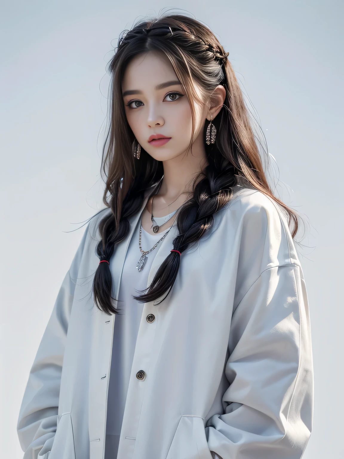 (8K, highest quality, High resolution, masterpiece :1.3), white background, wearing a coat, stylish, hisense, fashion, long contour, long slit eyes, wavy braid hair, hair band, oversized clothes, baggy clothes, Upper body, necklace, earrings, graphic design
