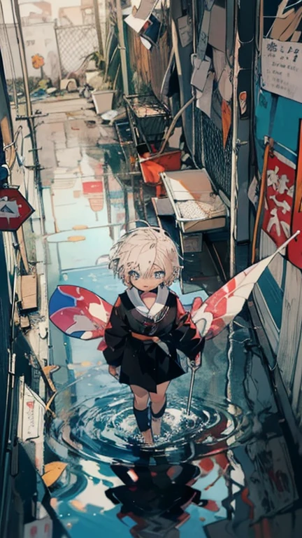 #Quality(8k,best quality,masterpiece,cinematic), #girl(cute, kawaii,small kid,skin color white,smile ,hair floating,hair color blond,short bob hair,eye color cosmic,big eyes,black sailor uniform,walking,view from above),#background(outside,messy slum,view from above,water leaking,you can see few people in farside)
