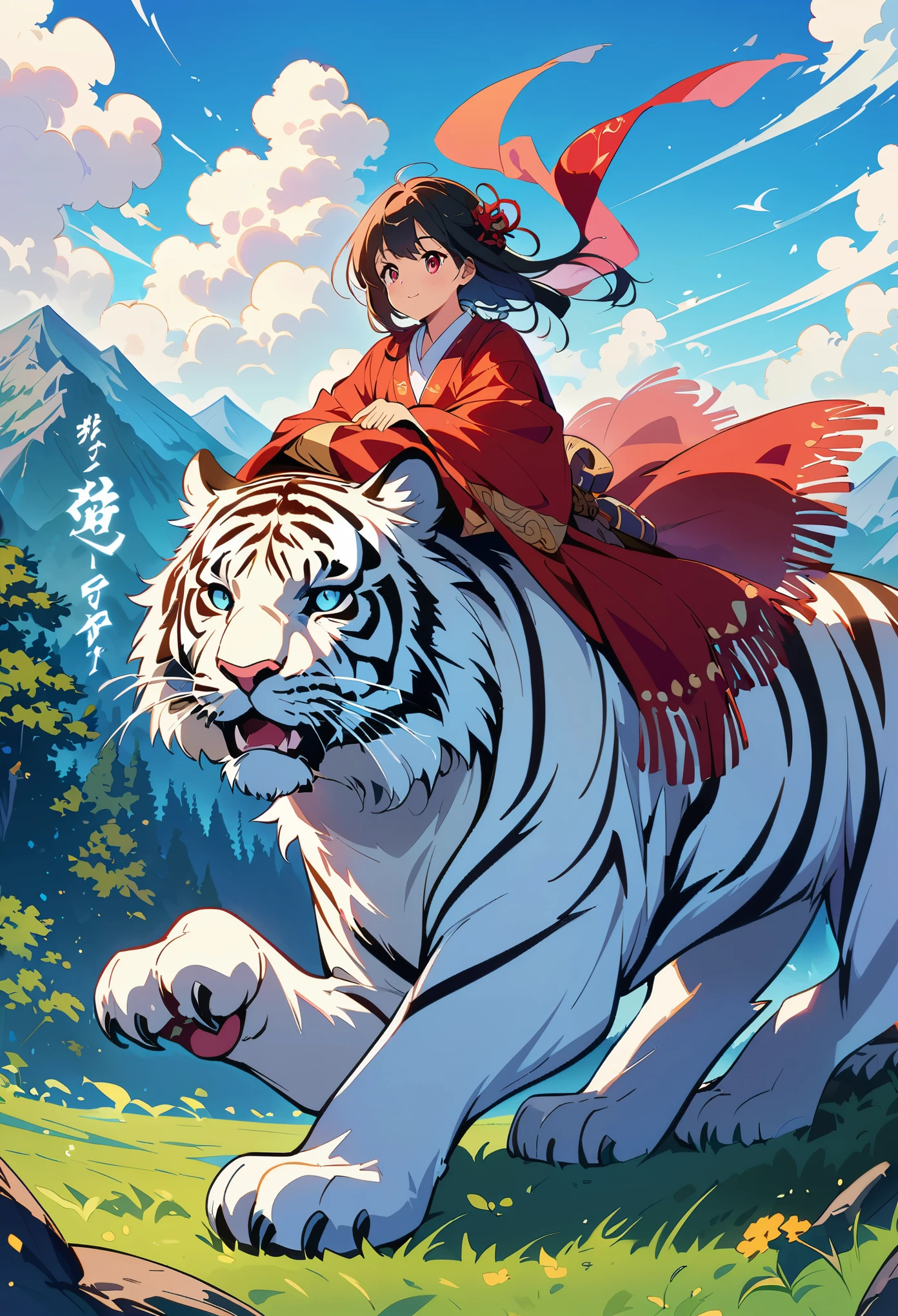 A girl riding on the back of an Asian tiger, wearing red cloth and carrying traditional elements, with glowing eyes. The background is grasslands, forests, mountains, blue sky, white clouds, sunshine, and "HAPPY NEW YEAR". It has exquisite details in the style of anime, vibrant colors, fantasy art, anime aesthetics, high resolution, and high quality. 