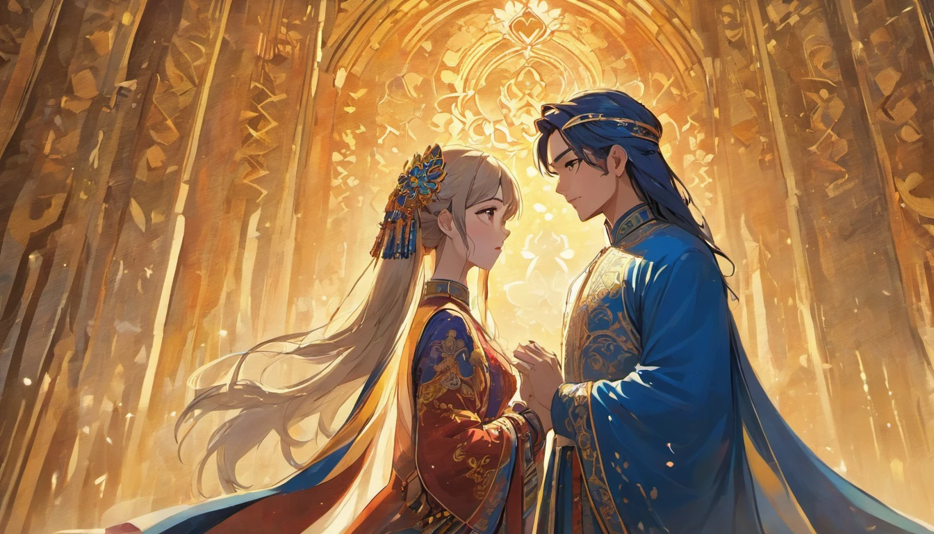 An intimate encounter between a man and a woman unfolds in a heartwarming and enchanting scene.。The stage is、steppe of central asia。The banks of the great river sparkling in the sunlight。Fantastic and majestic continental scenery。Creates a romantic atmosphere。 They stand facing each other,。their heights are different from each other。 emphasizes their unique physical characteristics。 That man is his height,Has dark hair that frames his striking face。The man is the crown prince of the Turku nomadic empire in the steppes.。The man was wearing an ultramarine costume.、It is decorated with intricate golden embroidery.。A woman is a commoner in the Turfan Oasis in the Taklamakan Desert, wearing Uighur national dress.。The woman is delicate and .。Show off your radiant beauty with flowing, brightly colored hair. Their lips meet in a passionate kiss。 their pure love、Emphasis is placed on transcending class and culture.。 This magical moment captures the essence of their love,。evokes a feeling of sweetness and enchantment。symbolism、Impressionism、romantic、Persian miniature、Reminiscent of the style of Alma Tadema and Gustave Moreau、delicate、beautiful、It has an exotic, luxurious and profound charm.。