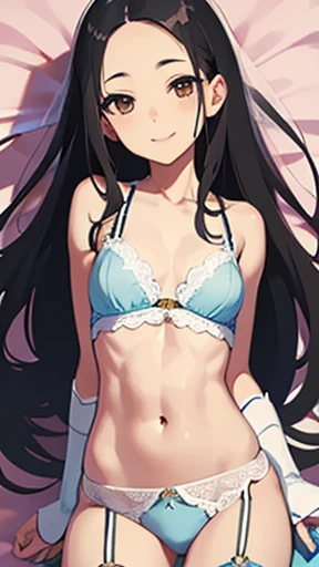 highest quality、realistic、Japanese、cute、smile、、black hair、Light blue lingerie、brown eyes、smile、exposed forehead、bust shot、thin、thin、abs、flat chest、Wedding dress、garter belt、I can see your belly button、male