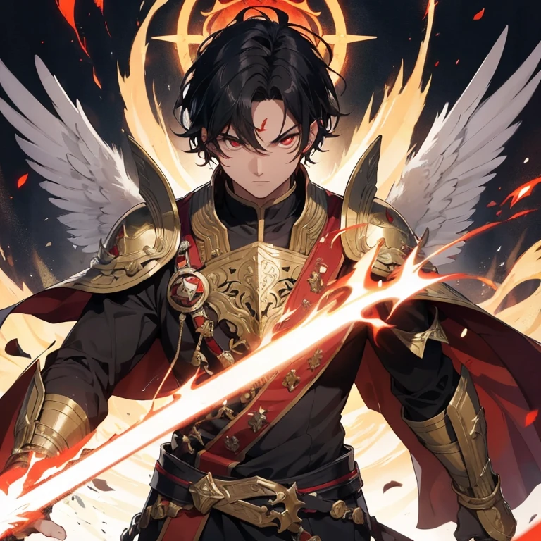 A devout male cleric, radiating goodness and righteousness, possessing the ability to heal and control fire, donning a majestic sword, adorned in a formidable suit of red and black armor that emphasizes strength and resilience, revealing a face without a helmet, holding a sturdy steel shield with a crimson glow, his back adorned with magnificent red angel wings, his gaze piercing with fiery red eyes, his skin a rich ebony hue, and his dense black hair cropped short, exuding an air of power and determination.