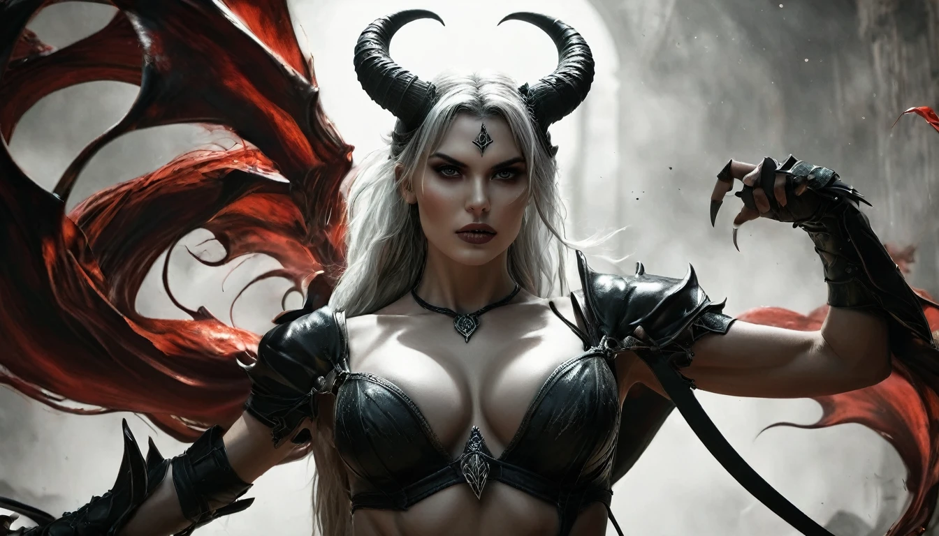 (((skulls on the ground))), (((Make a blood sacrifice))), (carnage:1.5),(black and white demoness:1.5),(beautiful female model:1.5), (demoness with Large horns:1.25),(1 super muscular with flayed skin:1.5), (perfect anatomy:1.5), high detail, best quality, masterpiece, finely detail, realistic skin texture, insanely detailed, intricate, glowing white eyes, dark hair, glowing white background, holding whip, hair bun, beautiful female face, white skin. black and white demoness:1.5, Hyperrealism, breathtaking, ultra realistic, ultra detailed,85 mm art lens, f 1.2, sharp focus, 8 k high definition, wide-angle, ultra details, ultra detailed photo of a black and white demoness, Hyperrealism, breathtaking, ultra realistic, ultra detailed, cinematic lighting, photography, stunning environment, wide-angle, , medieval, Dark room, low key light, Masterpiece, Realistic,
