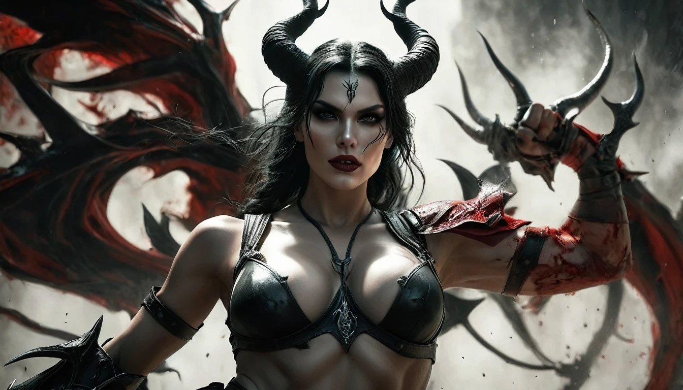 (((skulls on the ground))), (((Make a blood sacrifice))), (carnage:1.5),(black and white demoness:1.5),(beautiful female model:1.5), (demoness with Large horns:1.25),(1 super muscular with flayed skin:1.5),  (perfect anatomy:1.5), high detail, best quality, masterpiece, finely detail, realistic skin texture, insanely detailed, intricate, glowing white eyes, dark hair, glowing white background, holding whip, hair bun, beautiful female face, white skin. black and white demoness:1.5, Hyperrealism, breathtaking, ultra realistic, ultra detailed,85 mm art lens, f 1.2, sharp focus, 8 k high definition, wide-angle, ultra details, ultra detailed photo of a black and white demoness, Hyperrealism, breathtaking, ultra realistic, ultra detailed, cinematic lighting,  photography, stunning environment, wide-angle, , medieval, Dark room, low key light, Masterpiece, Realistic, 
