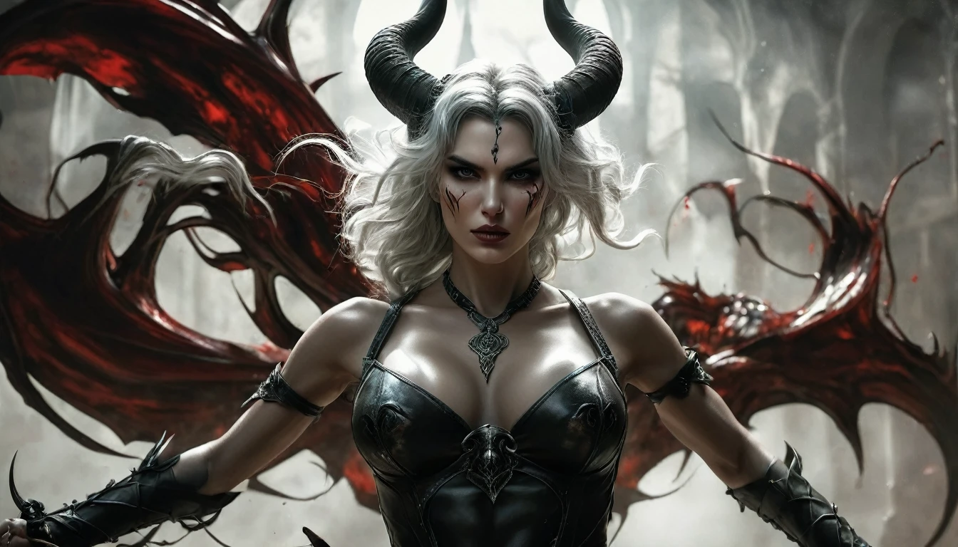 (((skulls on the ground))), (((Make a blood sacrifice))), (carnage:1.5),(black and white demoness:1.5),(beautiful female model:1.5), (demoness with Large horns:1.25),(1 super muscular with flayed skin:1.5),  (perfect anatomy:1.5), high detail, best quality, masterpiece, finely detail, realistic skin texture, insanely detailed, intricate, glowing white eyes, dark hair, glowing white background, holding whip, hair bun, beautiful female face, white skin. black and white demoness:1.5, Hyperrealism, breathtaking, ultra realistic, ultra detailed,85 mm art lens, f 1.2, sharp focus, 8 k high definition, wide-angle, ultra details, ultra detailed photo of a black and white demoness, Hyperrealism, breathtaking, ultra realistic, ultra detailed, cinematic lighting,  photography, stunning environment, wide-angle, , medieval, Dark room, low key light, Masterpiece, Realistic, 
