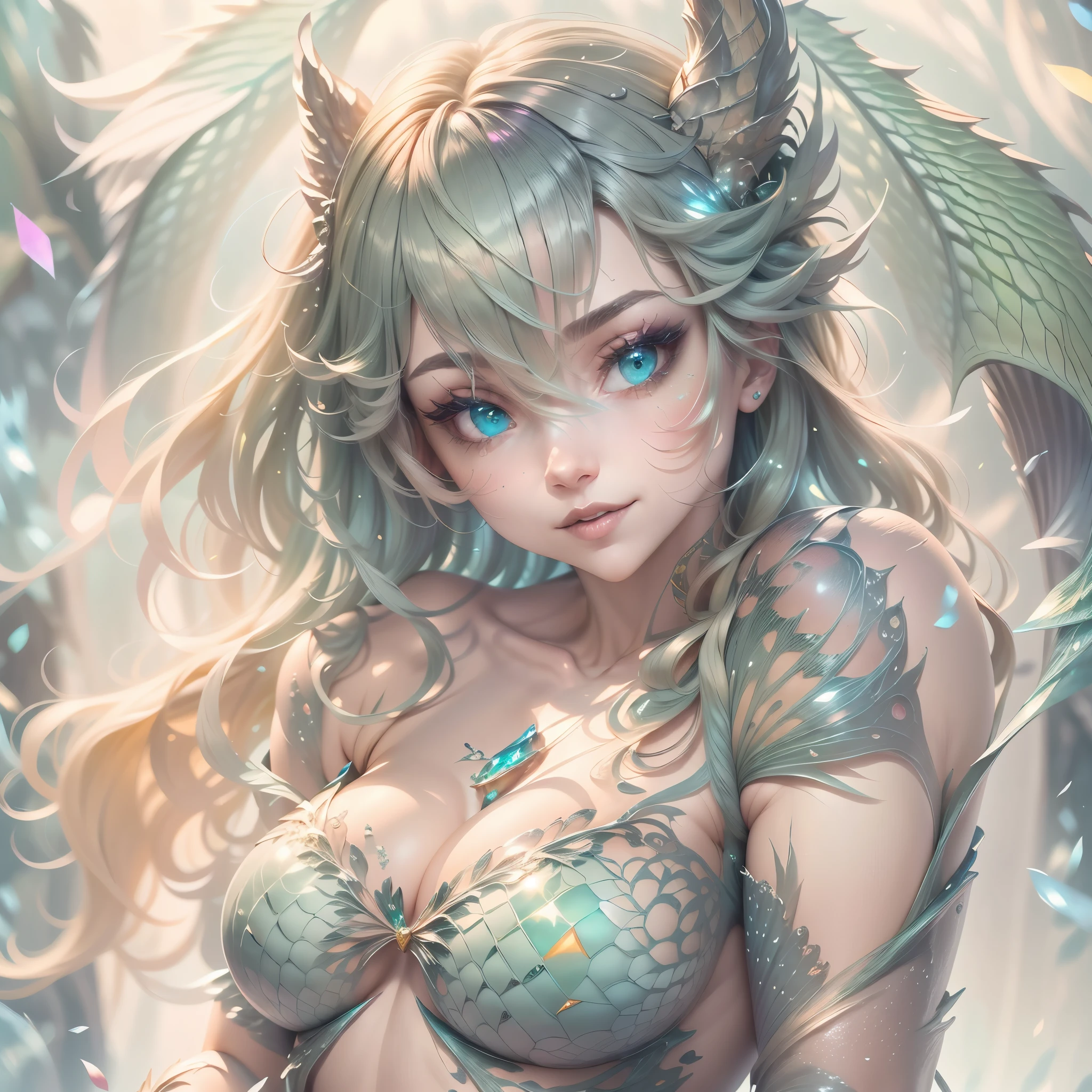 (best quality,4k,8k,highres,masterpiece:1.2, portrait), ultra-detailed, realistic, naked sexy dragon woman with green and blue glittering scales, skin is glittering green and blue scales, medium length wavy green hair with blonde highlights, very playful but mischievous smile, huge tits, gigantic breasts, naked, nude, detailed crotch, detailed vulva, sexy pose, spread legs, playful, bi-coloured eyes, heterochromia, lustful