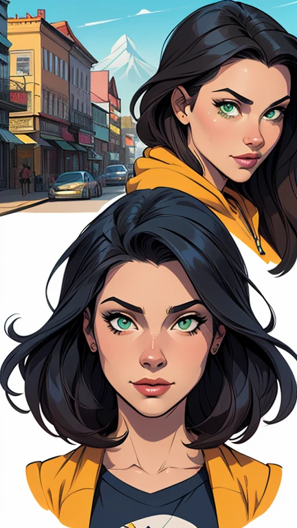 Turnaround sheet Imagem de desenho animado de uma mulher .cartoon style illustration, estilo de arte dos desenhos animados, estilo de arte dos desenhos animados, digital illustration style, design de personagens altamente detalhado, arte digital detalhada fofa, City fan art, Design de personagens de retrato, beautiful digital illustration, retrato de alta qualidade, Arte em quadrinhos, mulher jovem. Green eyes Medium and wonderful buso Alleyne - Queen&#39;s Blade
