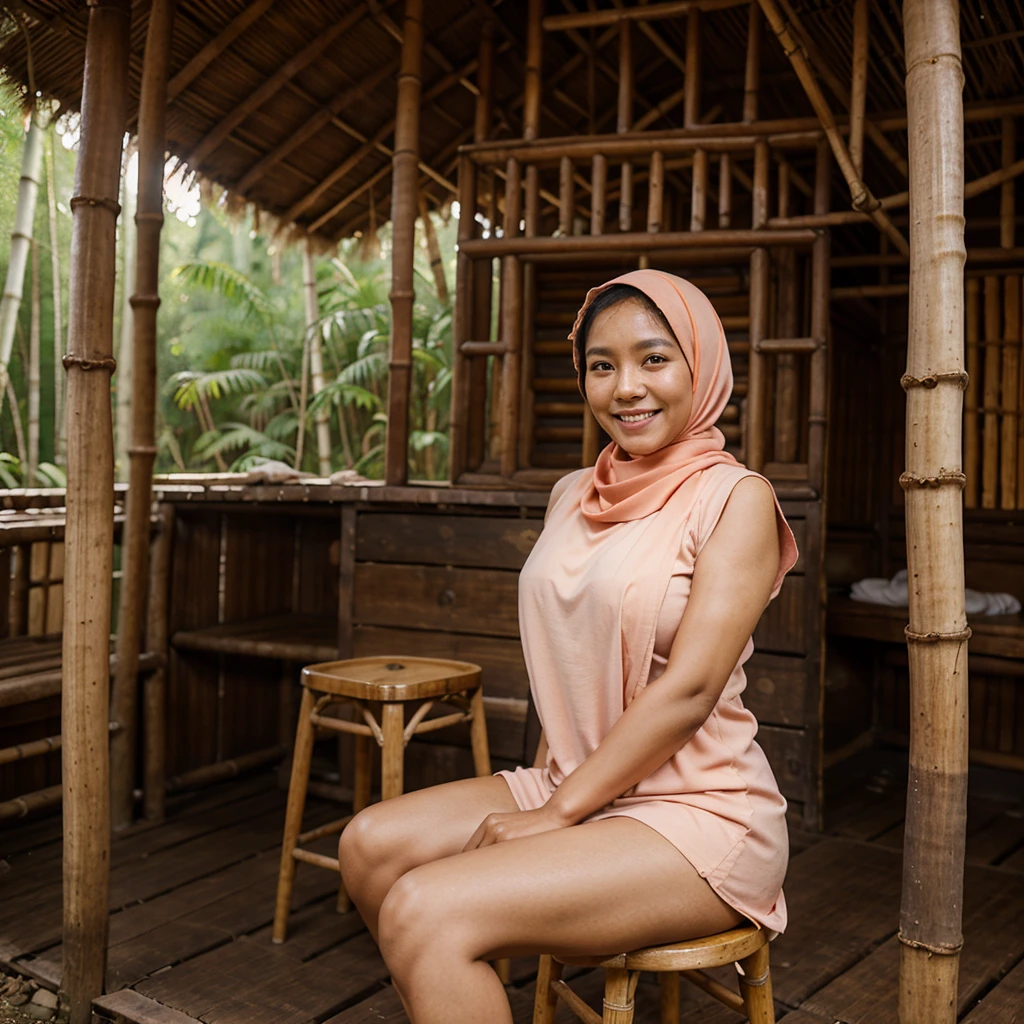 A 42 years old Indonesian woman in peach color hijab, smiling and sitting on the stool in the old bamboo cabin in a forest, look to the viewer with eye close, darker skin, curvier body, short body