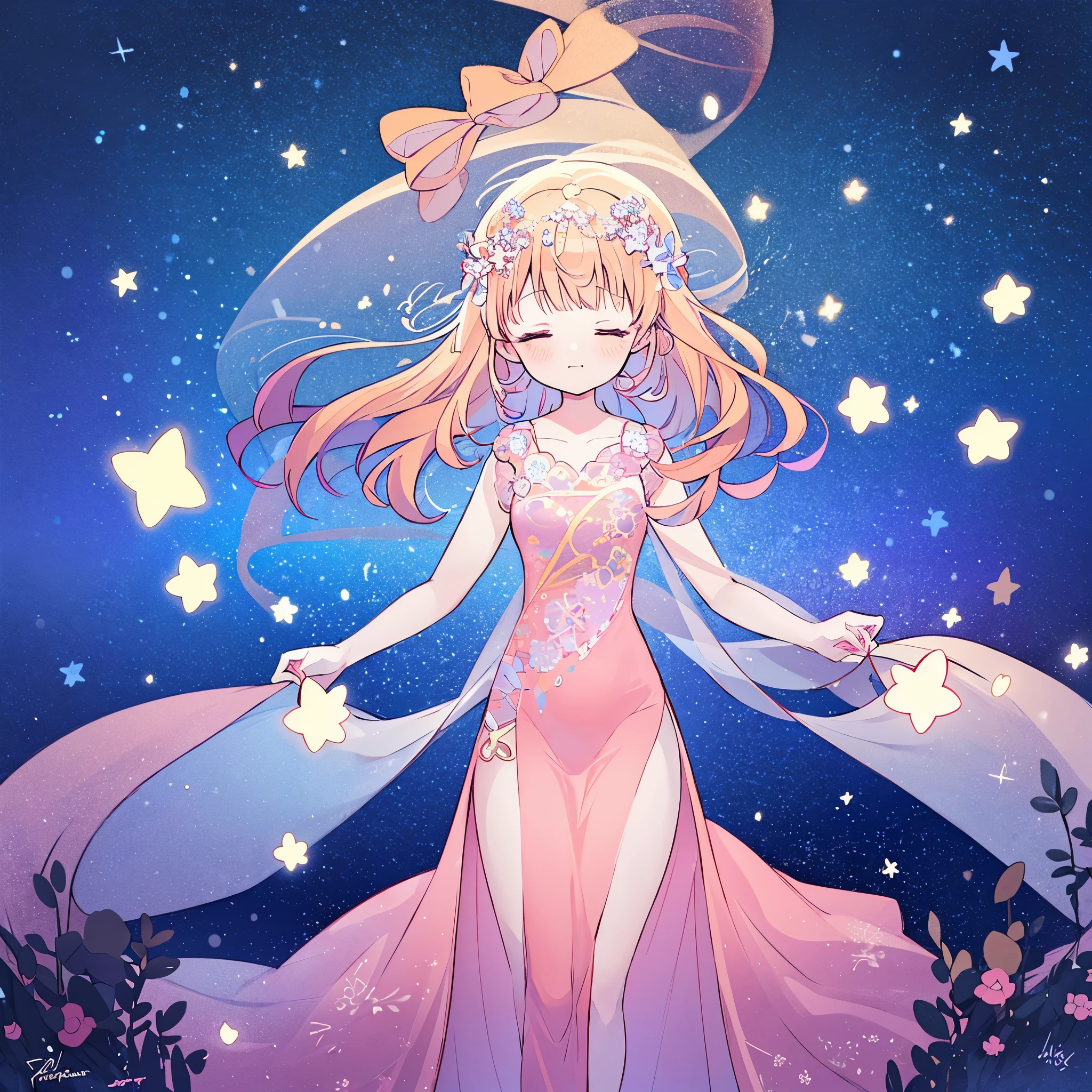 complex background, wishing star background, a woman wearing an ethereal mystical pink translucent dress that reflects the stars, perfume promo art, mystic, complex drawing, highly detailed, Covergirl brand, promo art, artistic rendition, ethereal, starry night, midjourney style