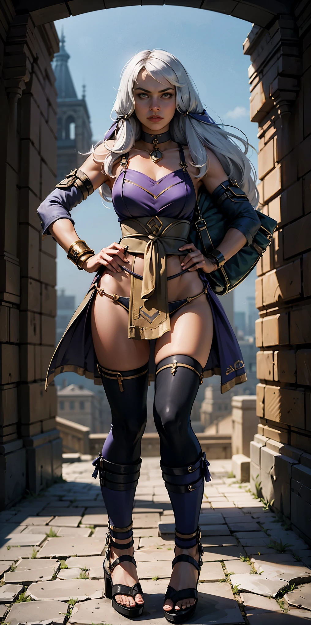 full body, whole body. 1solo (girl). slave fighter, loincloth standing, hands on hips full body, whole body. 1solo (girl). slave fighter, loincloth standing, hands on hips, metal sandals, backpack, choker, big belt, view from below, feet together, bracers, tiara