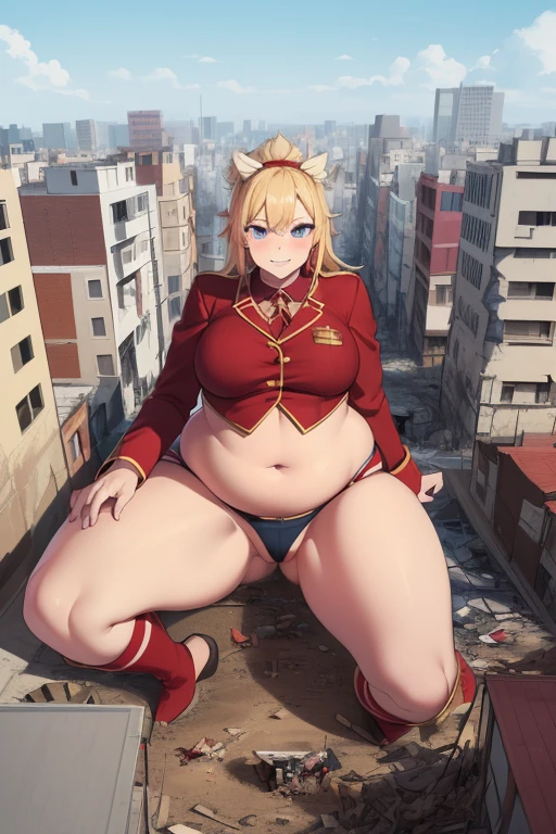 formidable_default en una ciudad destruida, (GTacro, aerial view, de_arriba, (asiento del edificio), ((alboroto)), ((destruction)), desnuda, giganta, piernas cruzadas, (Obra maestra), (high resolution), chubby gordita, Mejor calidad, ((lleno_cuerpo)), huellas, ((gigantic_Pechos)), Frente a_espectador, ancho_disparo, small buildings along the bottom of the frame, abdominales, suelas empapadas de sangre, manchas de sangre, sonrisa afectada, presumido, aplastante, explosion, military vehicle, mordred, milf