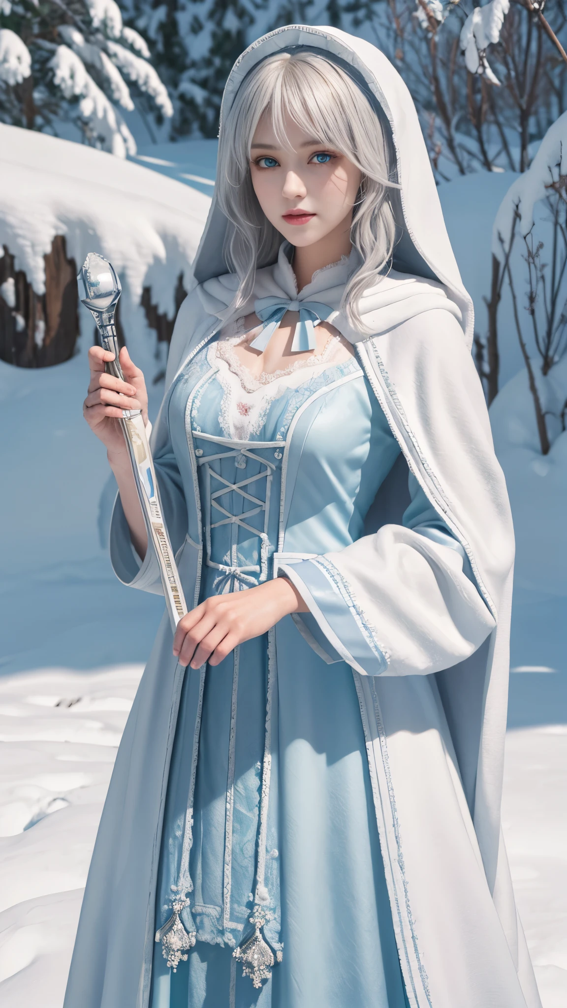 ((best qualtiy)), ((tmasterpiece)), (the detail:1.4), 3D,Ray traching,NVIDIA RTX,Hyper-Resolution,Unreal 5,Subsurface scattering、PBR Texture、post-proces、Anisotropy Filtering、depth of fields、maximum definition and sharpness、 high resolution,(Gorgeous Lolita costume), Beautiful eyes, White hair, ringed eyes, (Cloak,snowfield,Heavy snowfall)