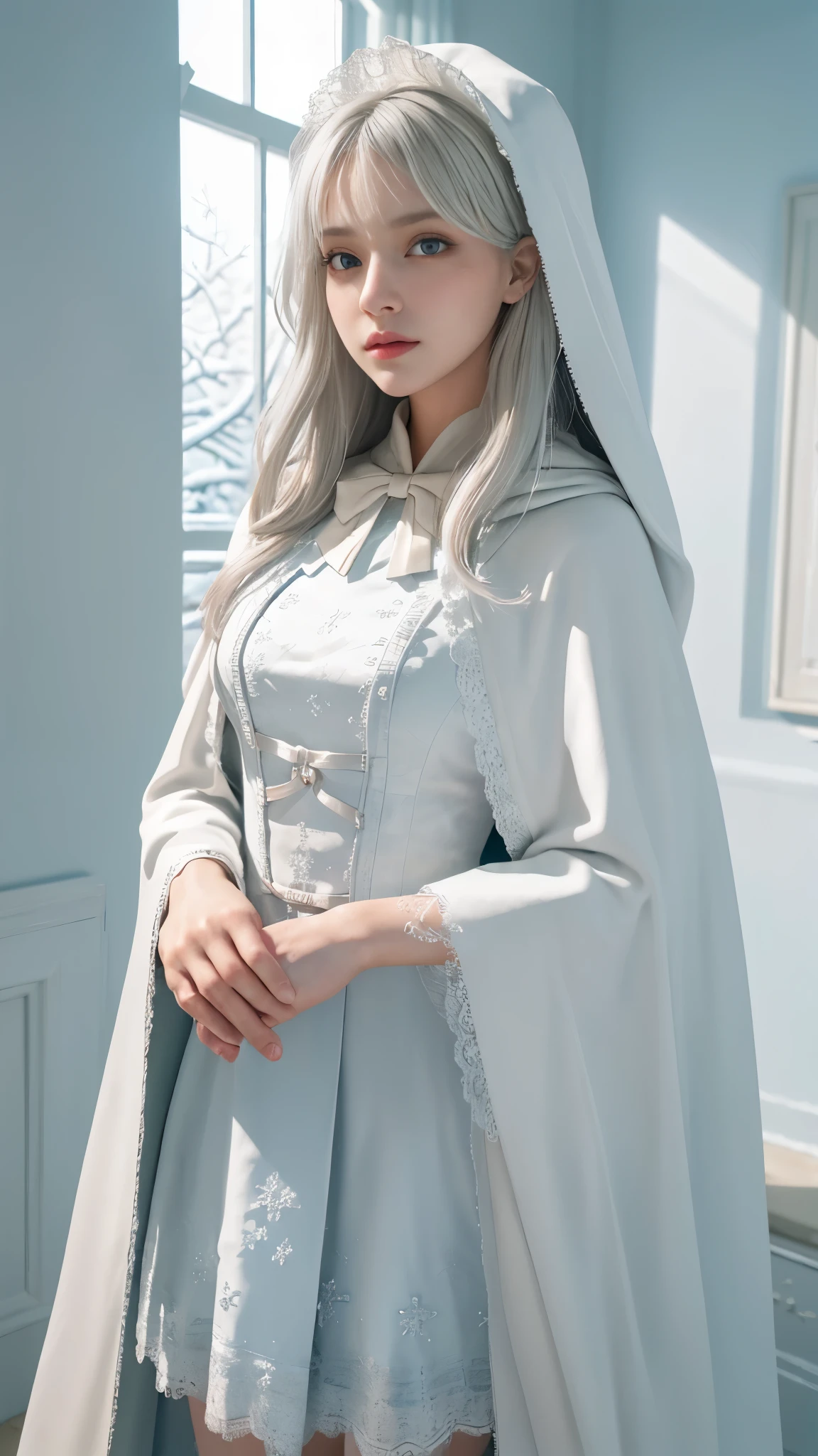 ((best qualtiy)), ((tmasterpiece)), (the detail:1.4), 3D,Ray traching,NVIDIA RTX,Hyper-Resolution,Unreal 5,Subsurface scattering、PBR Texture、post-proces、Anisotropy Filtering、depth of fields、maximum definition and sharpness、 high resolution,(Gorgeous Lolita costume), Beautiful eyes, White hair, ringed eyes, (Cloak,snowfield,Heavy snowfall)