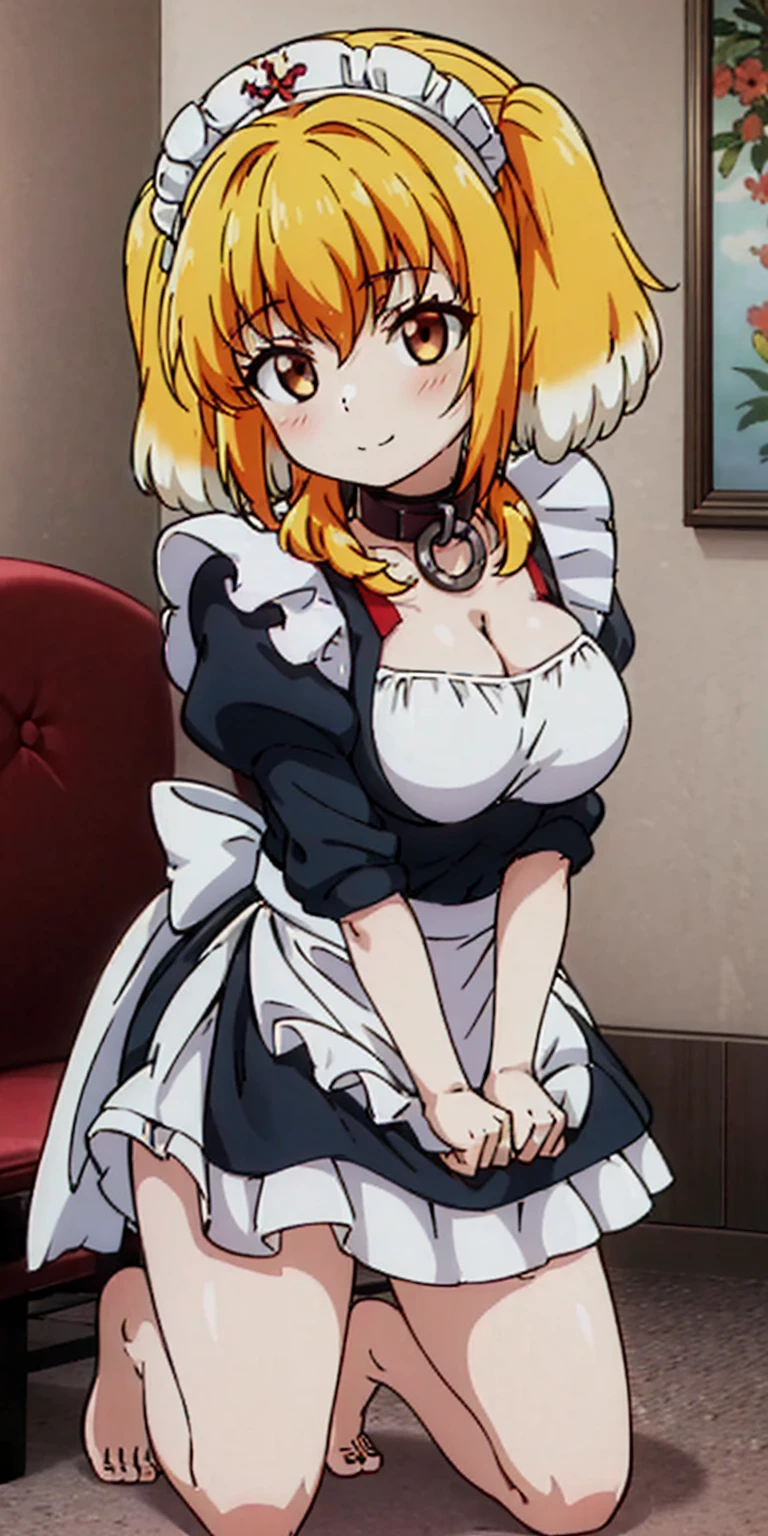1solo girl female Roxxane, cute, maid victorian, maid apron, straight face, dazed, Body position: Standing, straight, symmetrical, barefoot, fluffy ears, milf bimbo lustful smirking smile red blush red cheeks, chain leash, kneeling, shackles, leather black collar slave, 2 high ponytails