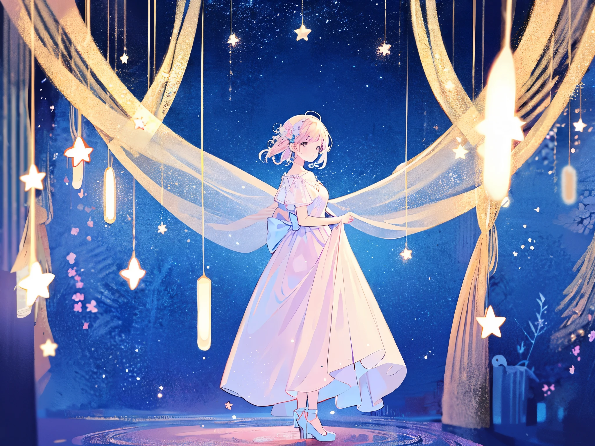 complex background, wishing star background, a woman wearing an ethereal mystical pink translucent dress that reflects the stars, perfume promo art, mystic, complex drawing, highly detailed, Covergirl brand, promo art, artistic rendition, ethereal, starry night, midjourney style