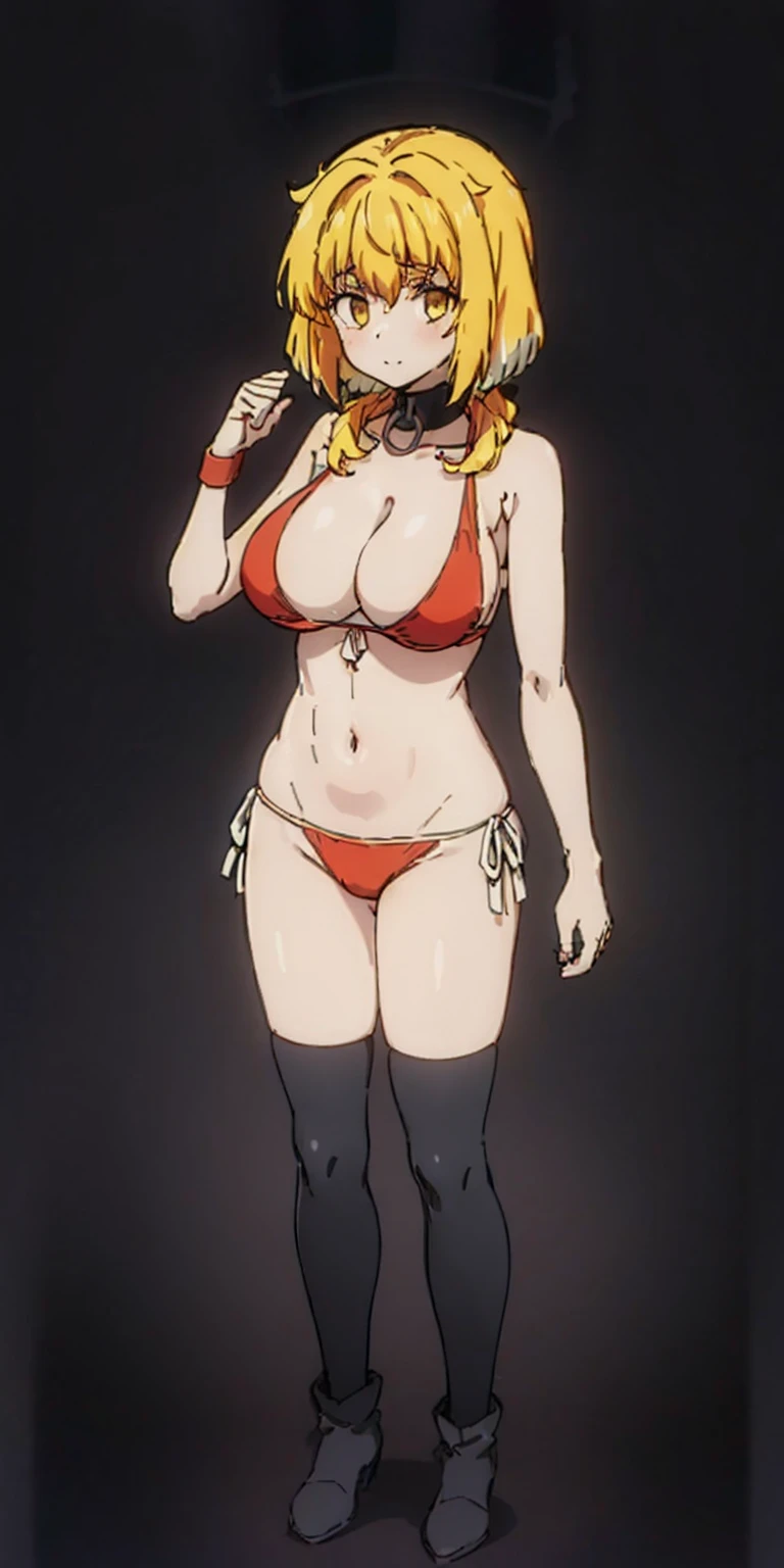((BLACK BACKGROUND1:2)) masterpiece, best quality, high quality, 1solo white SKIN, long hair, blonde hair, yellow eyes, full body, black bikini, looking at viewer, shiny, black thighhighs, high boots,shoulder armor, faulds, poleyn, gloves, gauntlets, FEET TOGETHER STANDING SYMMETRICAL, Roxxane female big knockers bikini